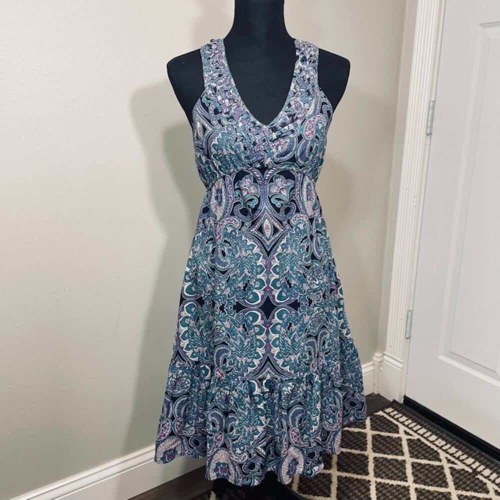 Down To Earth Paisley Tiered Cotton Midi Dress M Boho Wedding Resort Beach